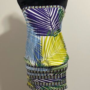 BCBGMaxAzria Blue and Purple Ruched Strapless Bodycon Dress